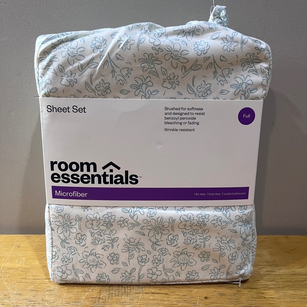 Room Essentials Full Sheet Set Blue Floral Microfiber Cottagecore 4pc‎ NEW